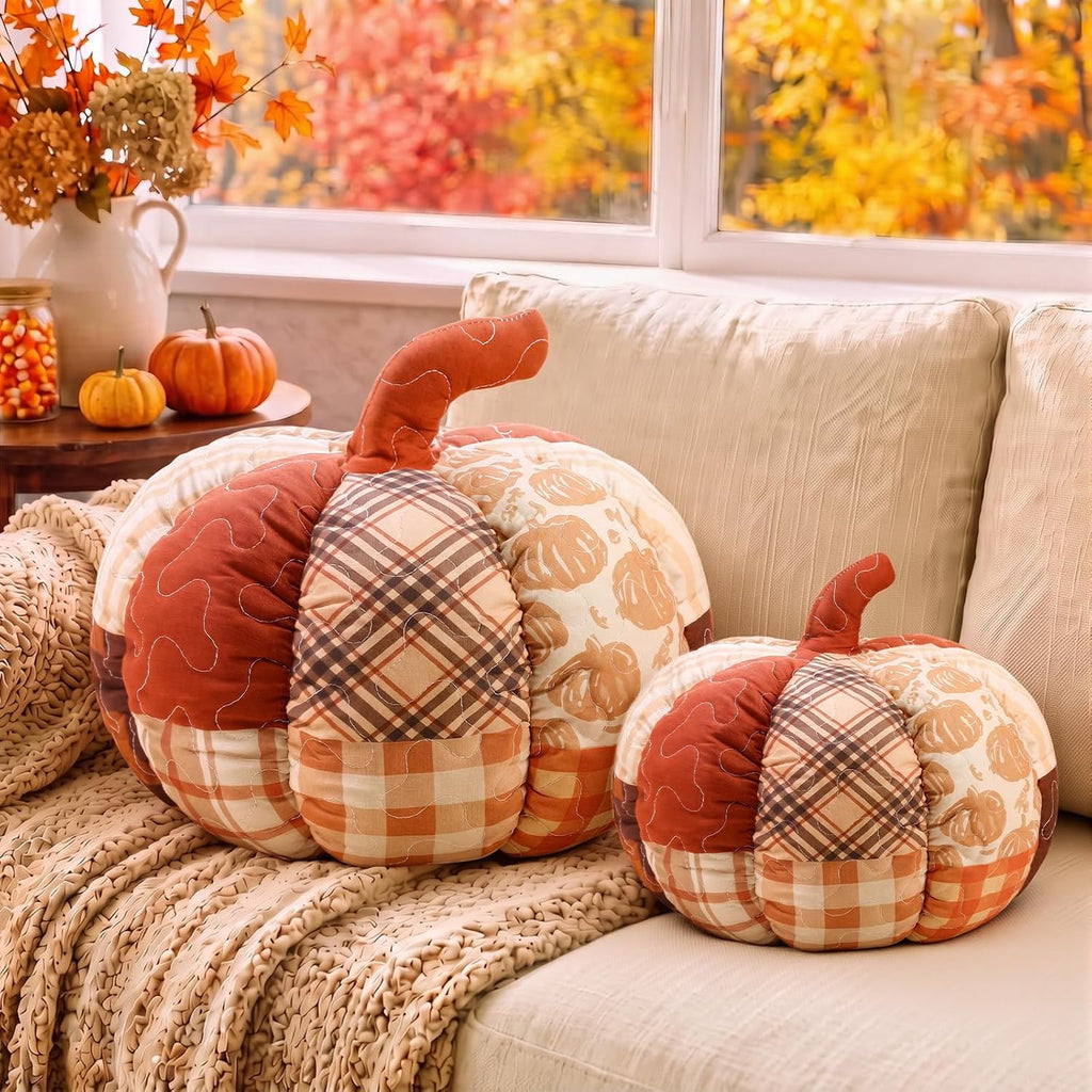 Junkin Pumpkin Pillow Set of 2 Orange Fall Patchwork Pillows