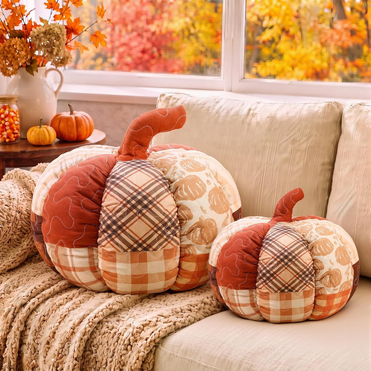 Junkin Pumpkin Pillow Set of 2 Orange Fall Patchwork Pillows