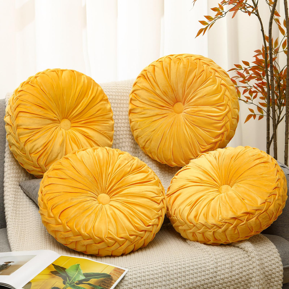 Beeveer 2 Pcs Round Throw Pillows Velvet Pleated Pillows, Ivory