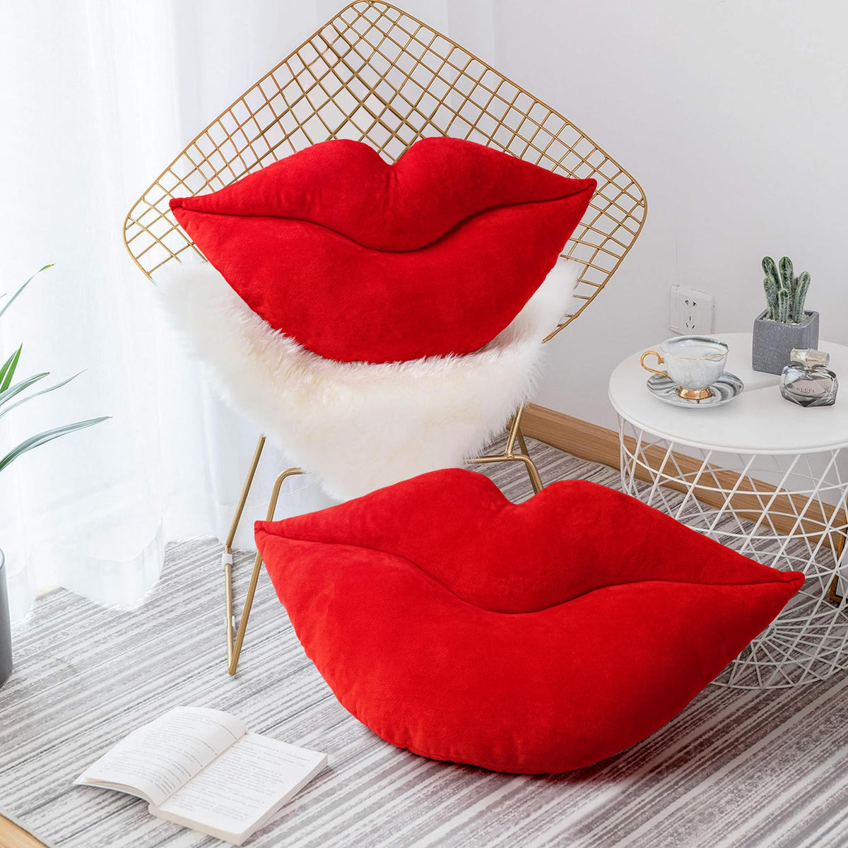 AELS 3D Large Lips Throw Pillows Smooth Soft Velvet Decorative Throw Pillows Love Pillows Cute Pillow 24 X 12 inches for Couch Sofa Bed Living Room Bedroom, Gold