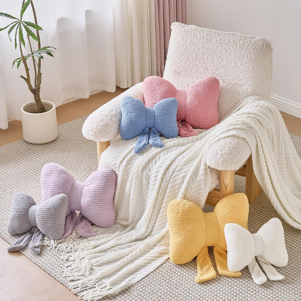 Bow Pillow, Decorative Throw Pillows with Soft Plush, Bow Throw Pillow for Couch Bed, Home Decor Bow Shaped Pillow for Bedroom Living Room (White, 12 Inches)