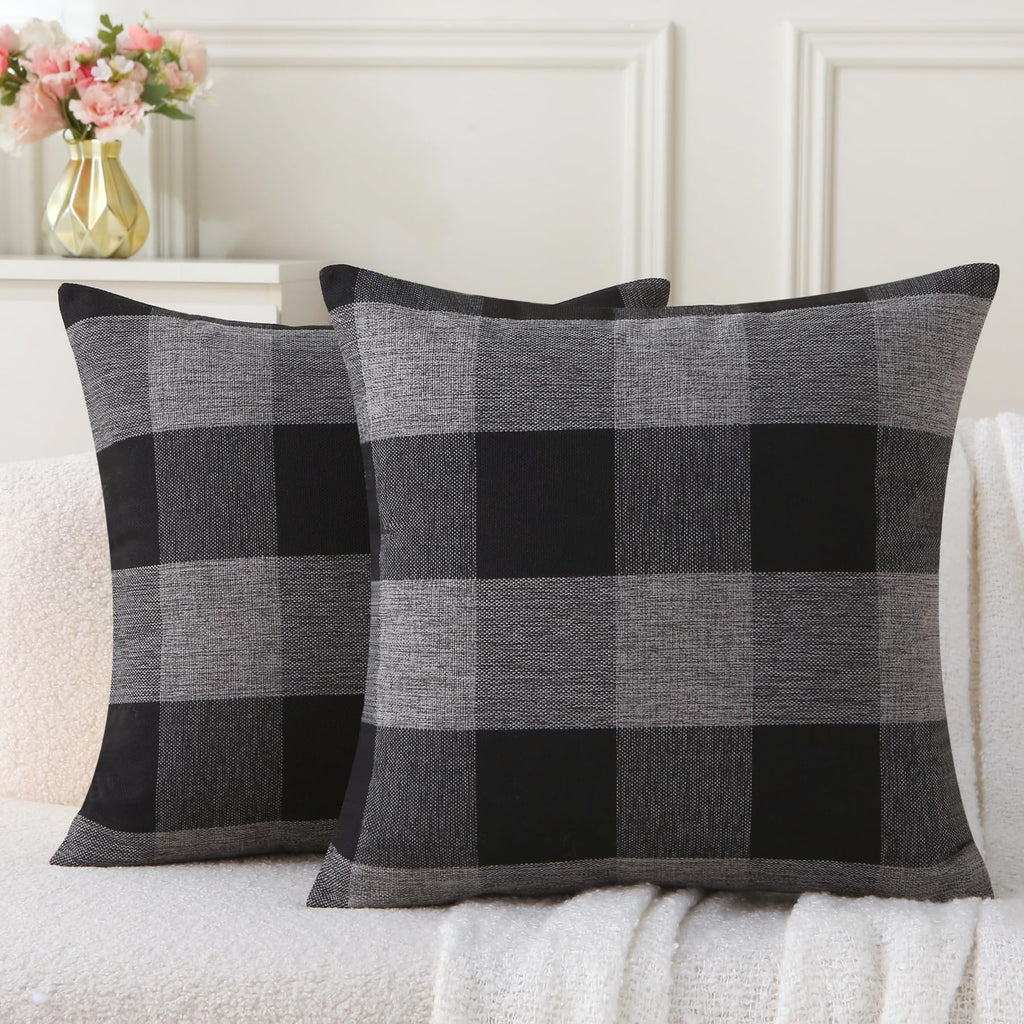Rustic Buffalo Plaid Pillows with Inserts Set of 2, Retro Cotton Linen Decorative Throw Pillows for Front Porch Patio Decor, Classic Home Decor for Sofa Bed Couch(Black White, 16" x 16")