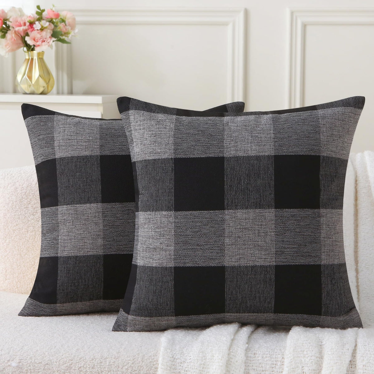 Rustic Buffalo Plaid Pillows with Inserts Set of 2, Retro Cotton Linen Decorative Throw Pillows for Front Porch Patio Decor, Classic Home Decor for Sofa Bed Couch(Black White, 16" x 16")