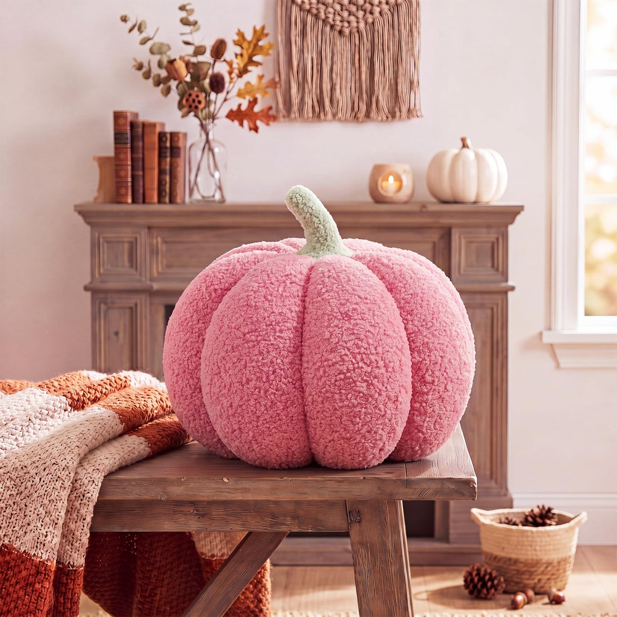 Juexica Stuffed Pumpkin Pillow Fall Halloween Decor Cushion,White,Small