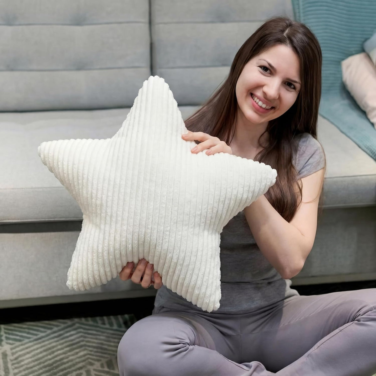 Qunclay 15" Star Pillow Star Soft Striped Faux Fur Plush White Throw Pillow