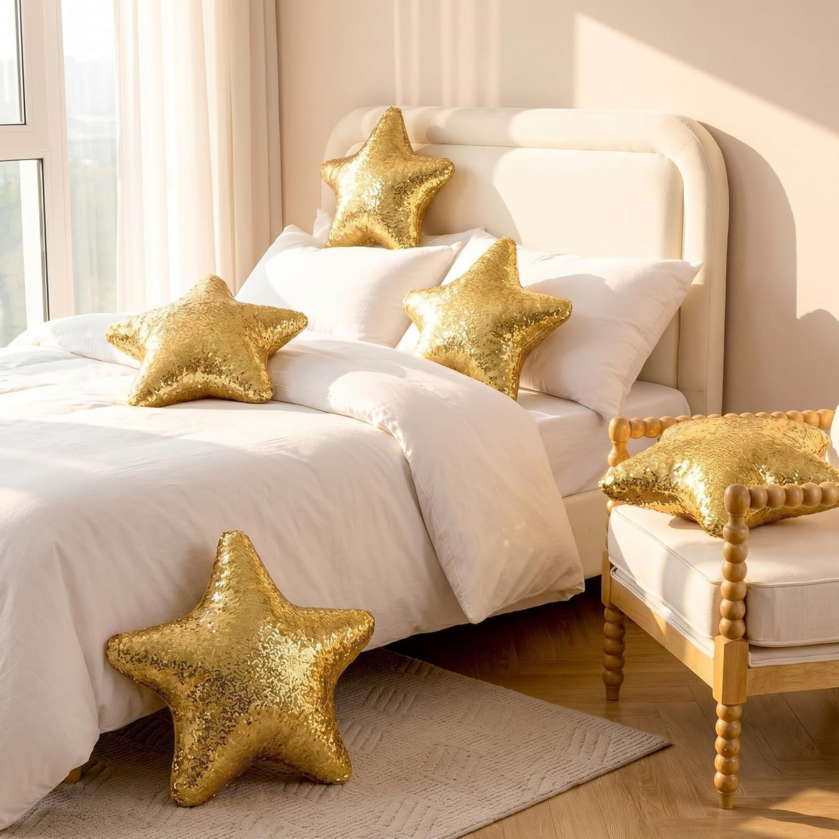 Gold Star Pillow Sequin Throw Pillows 15" Decorative Soft Fluffy