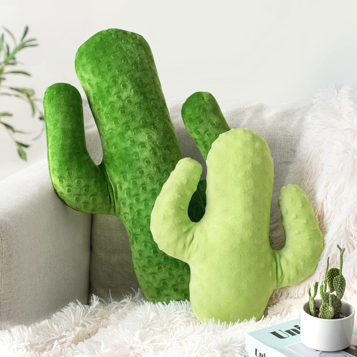 AELS Set of 2 Cactus Decorative Throw Pillows, 22"&14" Corduroy Striped Cactus Plush Pillow Set, Office Nap Pillow, Cute Succulent Throw Pillow for Nursery Bedroom Room Decor, Grass Green & Lime Green