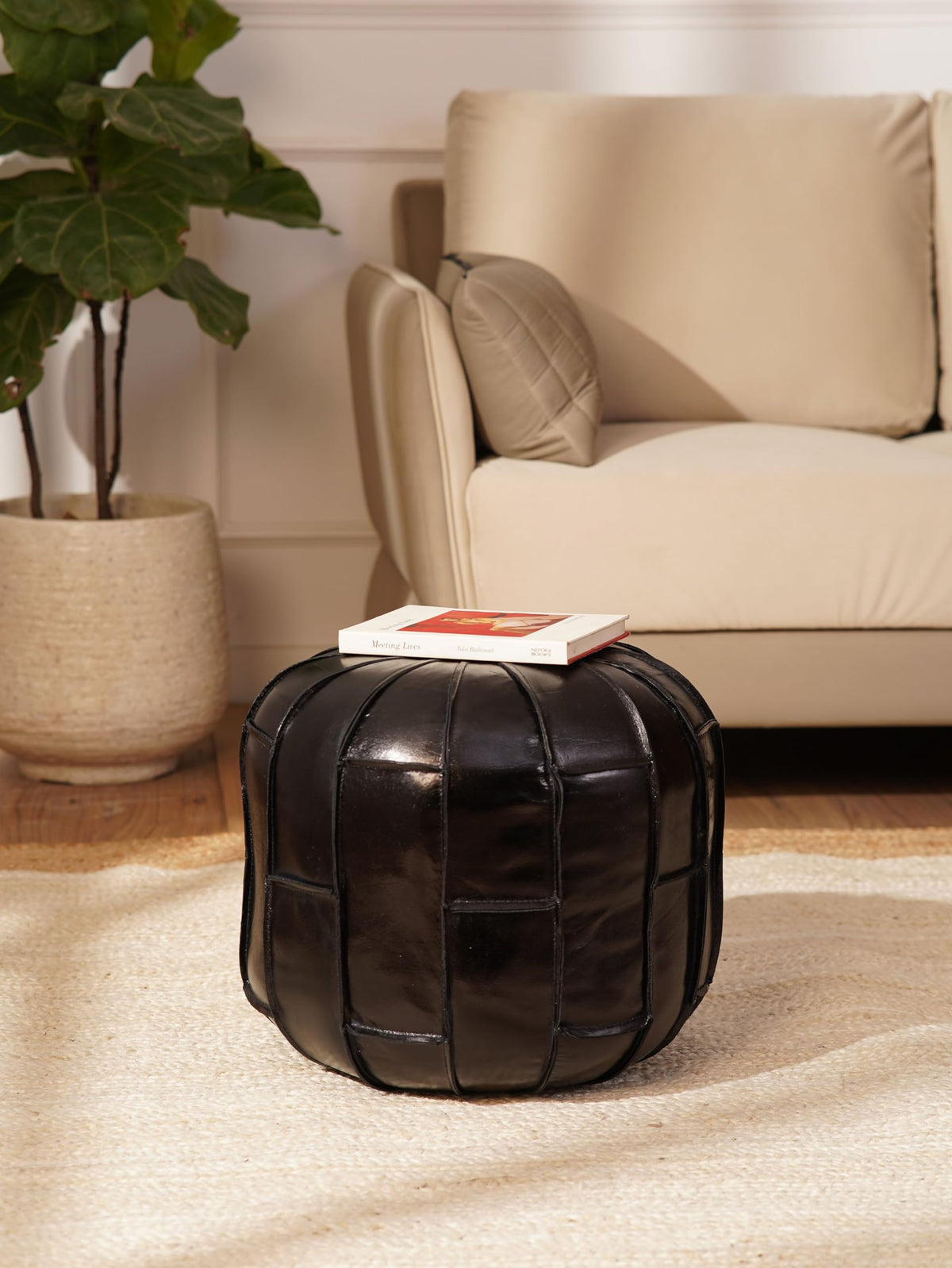 Handmade Eco-Friendly Solid Leather Pouf Brown Color Round 18" x 18" x 18" Buffalo Leather Pouf for Living Room, Bedroom Seating, Patio