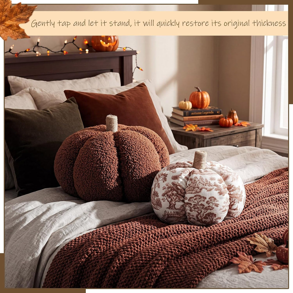 Bucherry 2 Pcs Fall Pumpkin Pillows 3D Plush Throw Cushions for Sofa