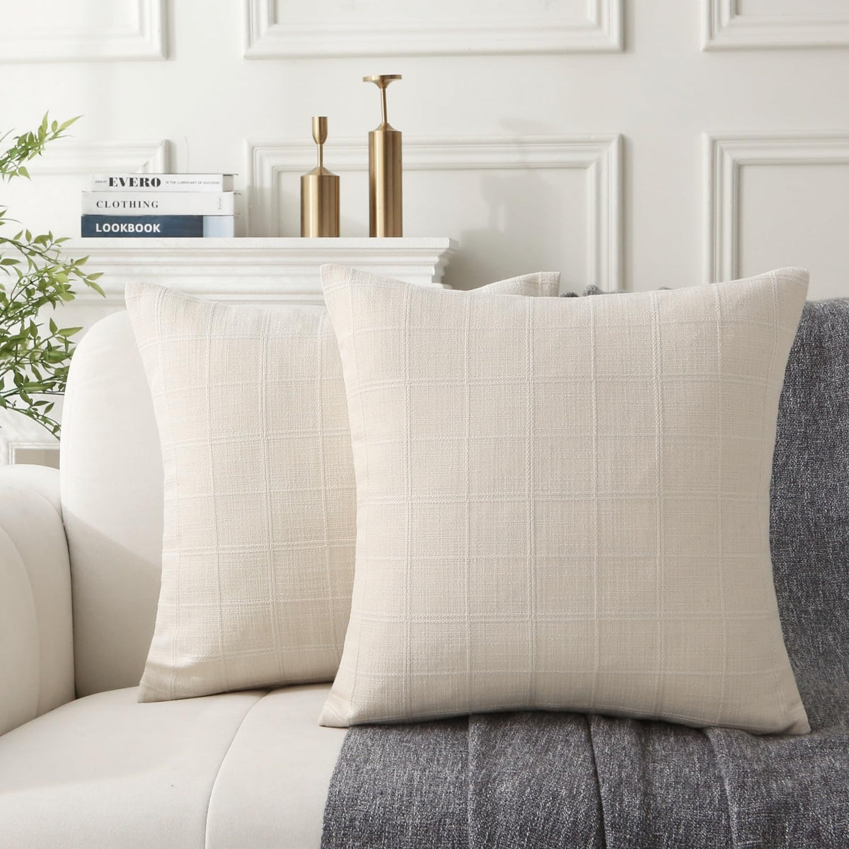 18" x 18" Decorative Throw Pillow with Inserts, Set of 2 Modern Neutral Farmhouse Vintage Throw Pillows, Square Boho Pillow for Couch, Bed, Sofa Decor (Beige, 18" x 18"(Pack of 2))