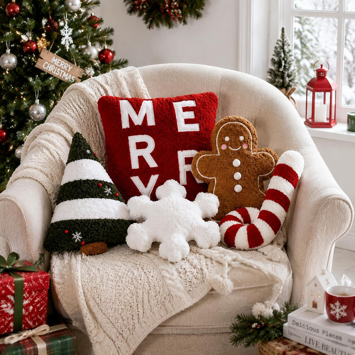 Geelin 5 Pcs Christmas Throw Pillows Gingerbread Xmas Tree Snowflake Candy