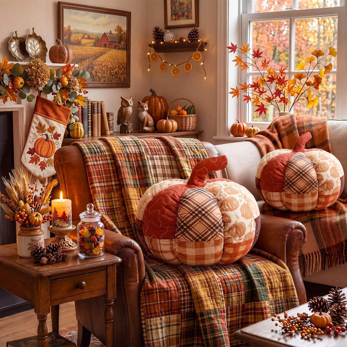 Junkin Pumpkin Pillow Set of 2 Orange Fall Patchwork Pillows