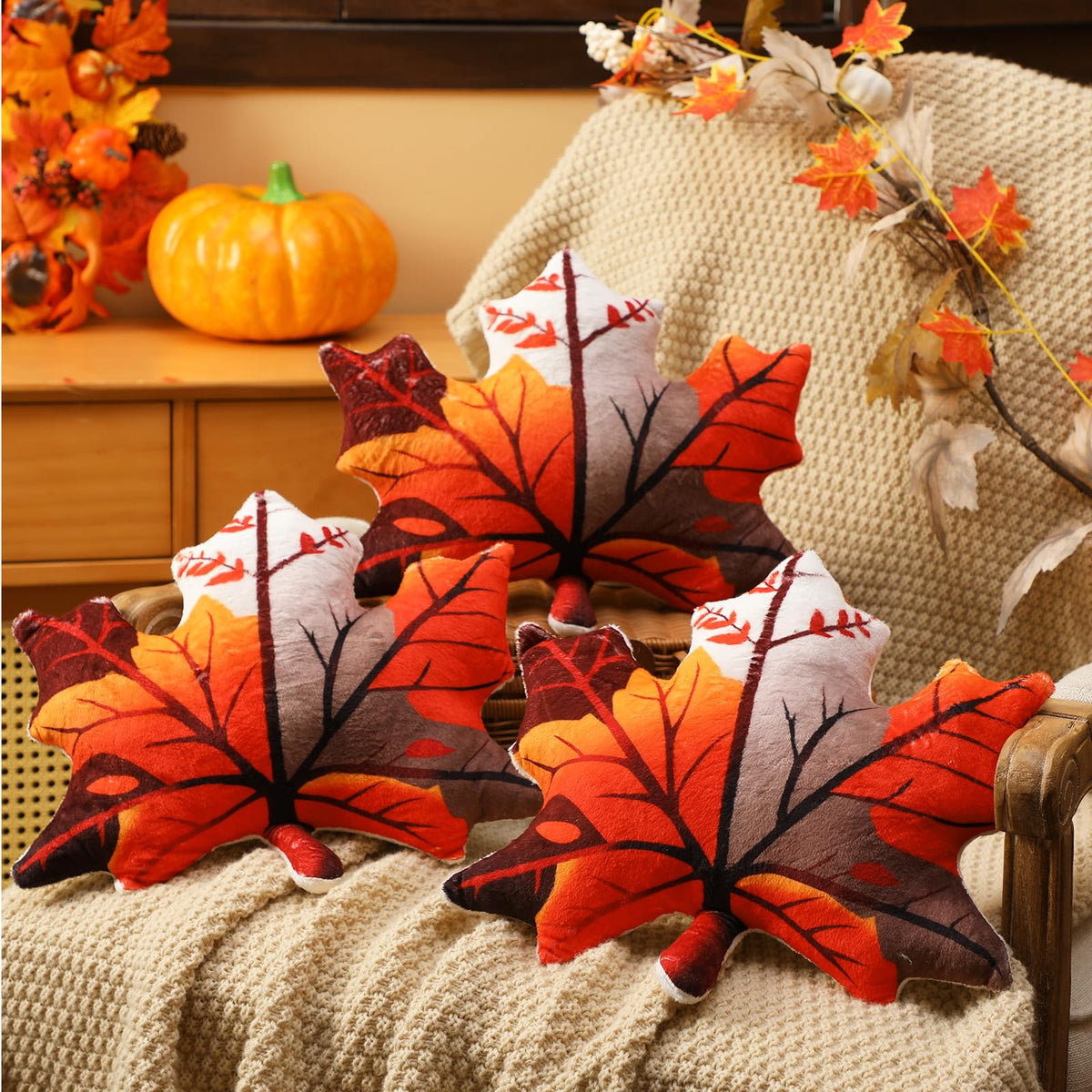 Yousoontic 3 Pcs 12" Fall Pumpkin Throw Pillows Thanksgiving Maple Leaf