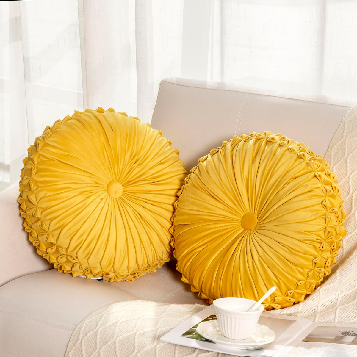 Round Throw Pillow Set of 2 – Decorative Velvet Ruched Pumpkin Pillows with Button Center, Soft Handmade Cushions for Couch Sofa Bed Farmhouse Vintage Rustic Decor, 14.5" R, Yellow