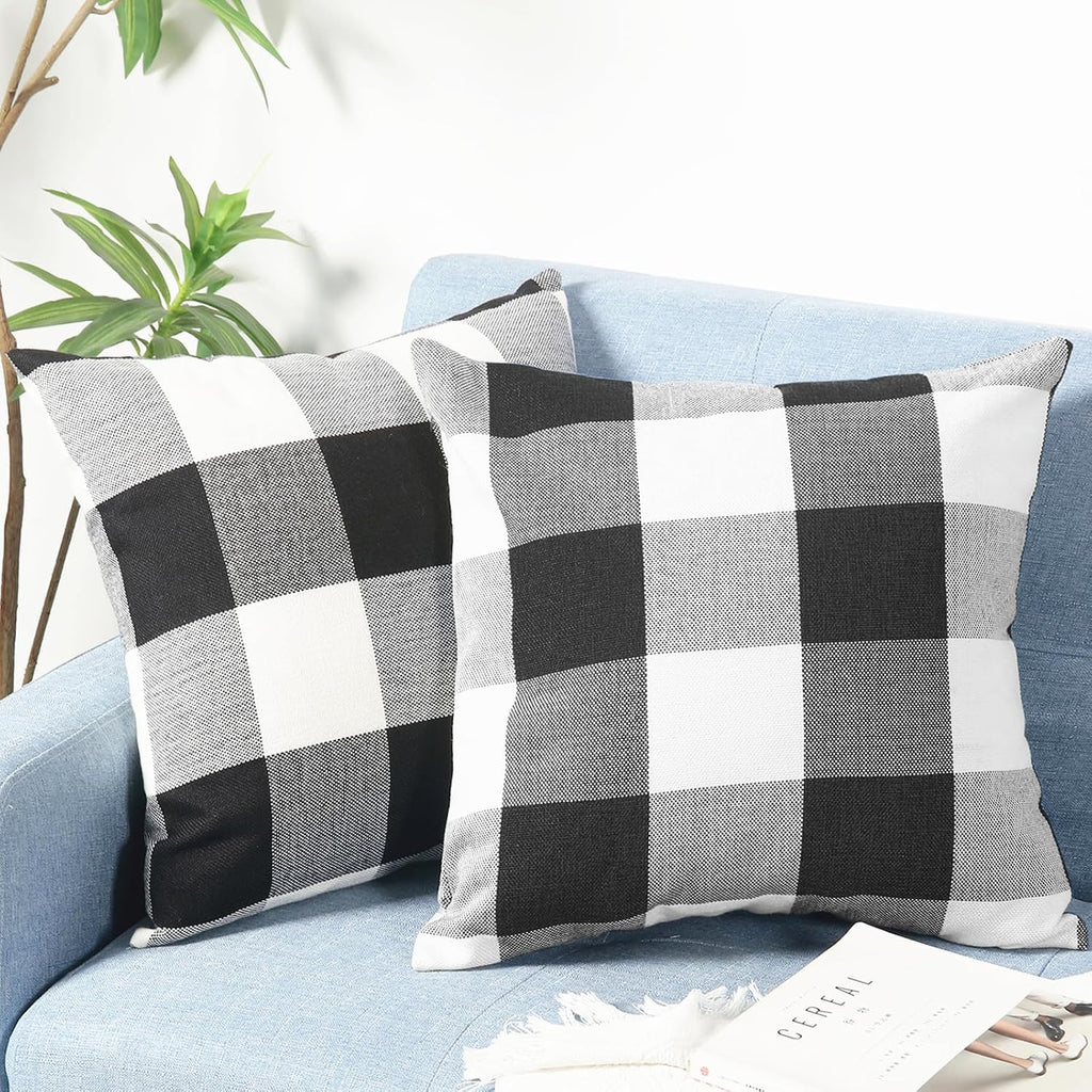 Rustic Buffalo Plaid Pillows with Inserts Set of 2, Retro Cotton Linen Decorative Throw Pillows for Front Porch Patio Decor, Classic Home Decor for Sofa Bed Couch(Black White, 16" x 16")
