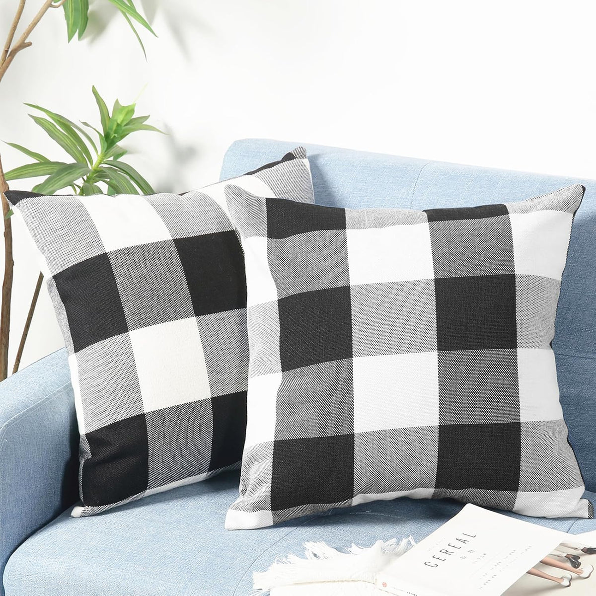 Rustic Buffalo Plaid Pillows with Inserts Set of 2, Retro Cotton Linen Decorative Throw Pillows for Front Porch Patio Decor, Classic Home Decor for Sofa Bed Couch(Black White, 16" x 16")