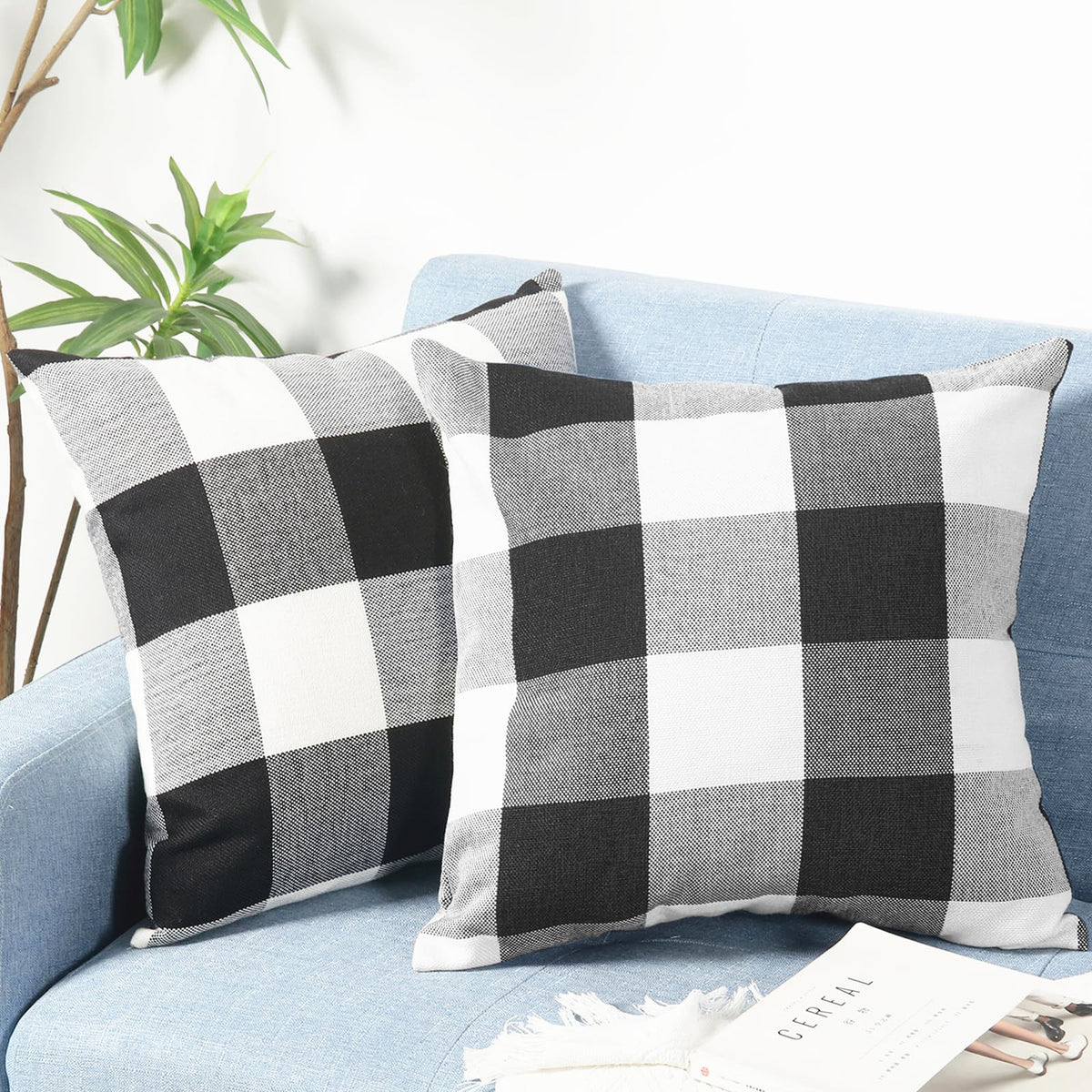Rustic Buffalo Plaid Pillows with Inserts Set of 2, Retro Cotton Linen Decorative Throw Pillows for Front Porch Patio Decor, Classic Home Decor for Sofa Bed Couch(Black White, 16" x 16")