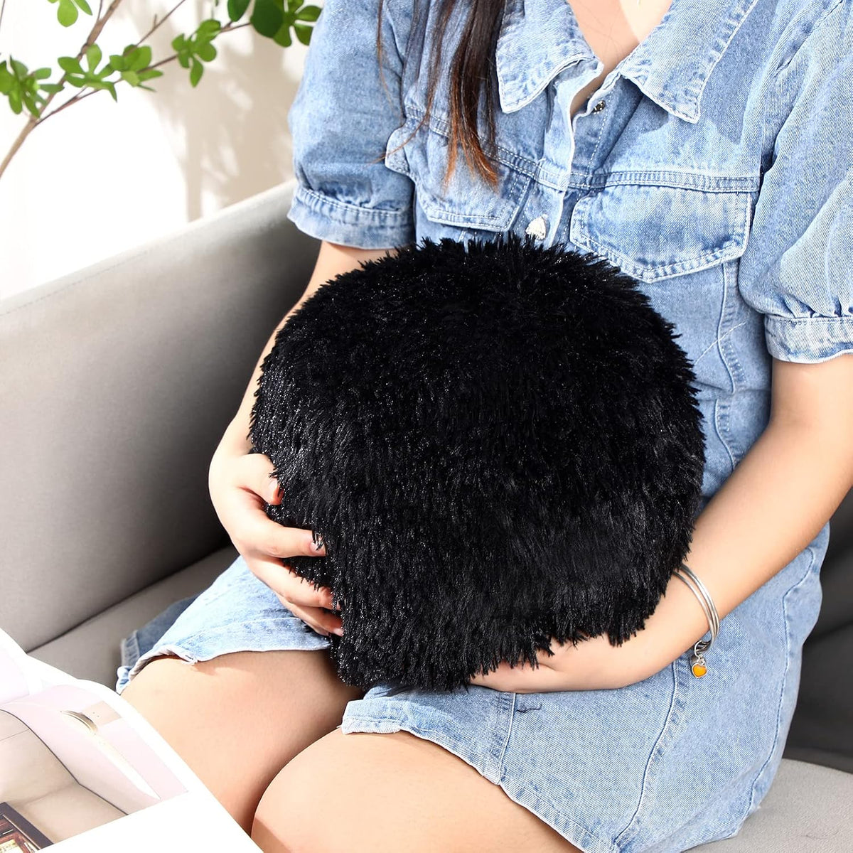 Black Round Ball Throw Pillow Plush Fluffy 10 Inch
