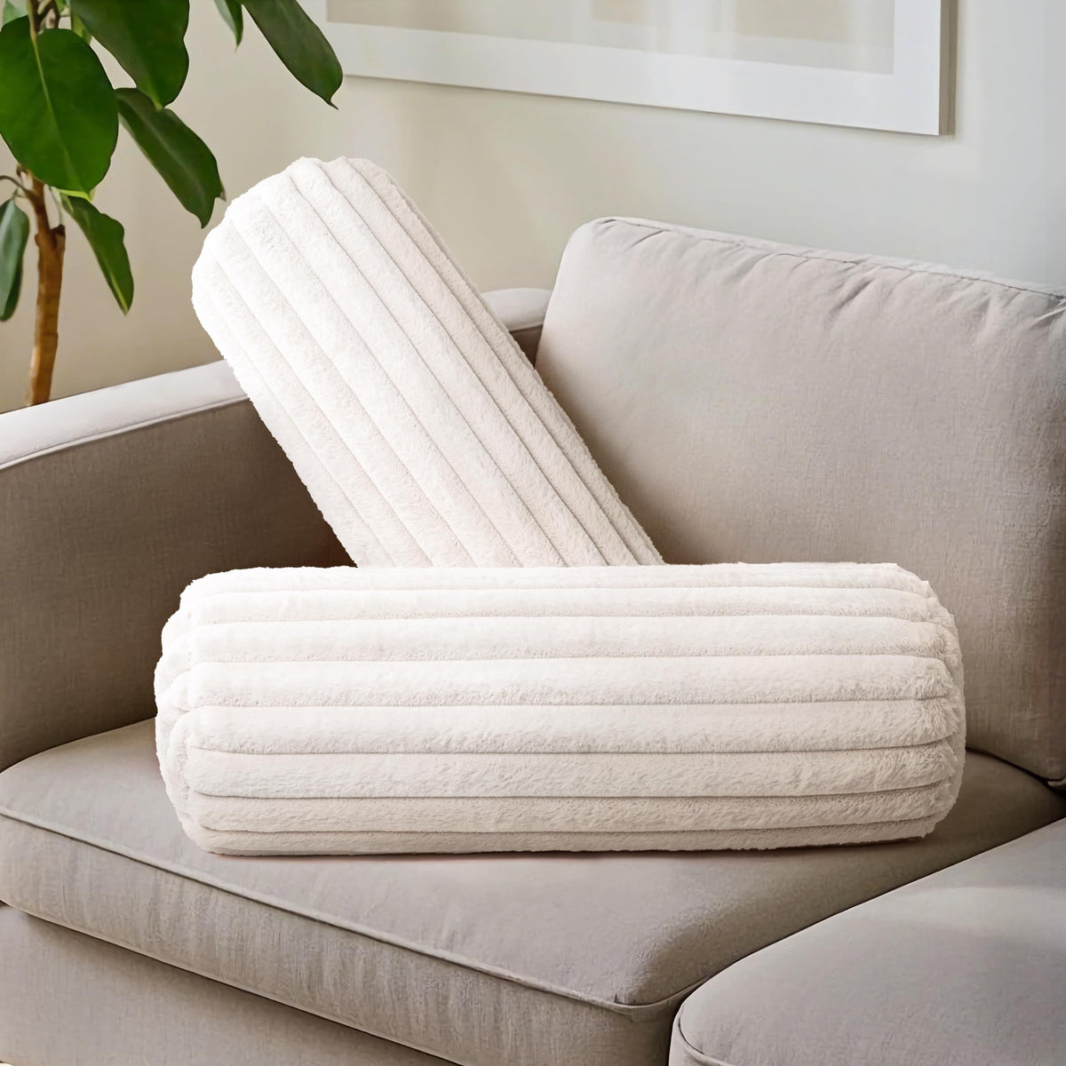 AELS Corduroy Striped Cylinder Pillows, 8" x 24" Decorative Bolster Pillows with Removable Washable Cover and Insert, Body Pillow for Couch and Bed, Living Room Bedroom Nursery Decor, Sand