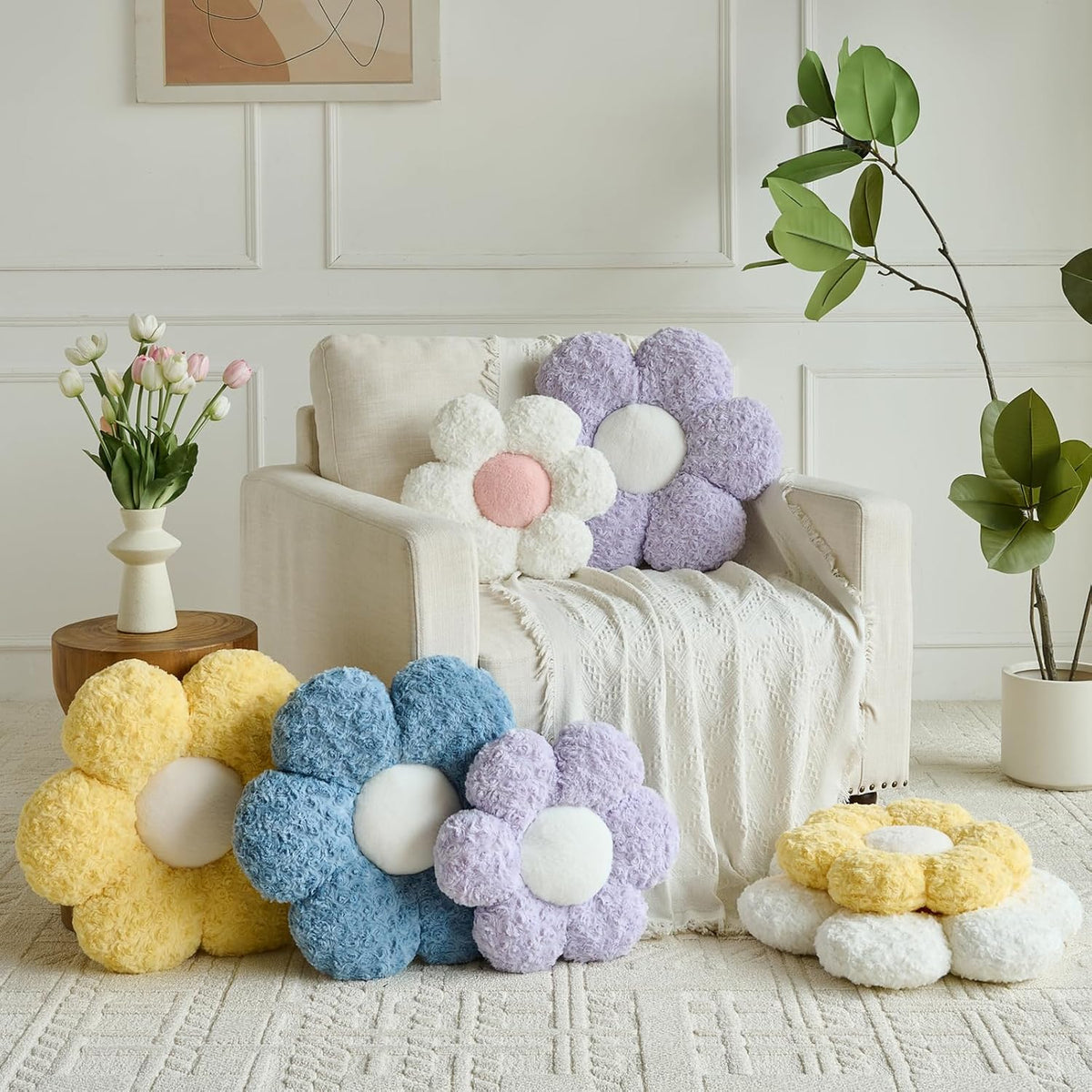 Flower Pillows, Decorative Throw Pillow with Soft Plush for Couch, Flower Shaped Pillow Home Decor Daisy Pillow for Bed (White, 14.9 Inches)