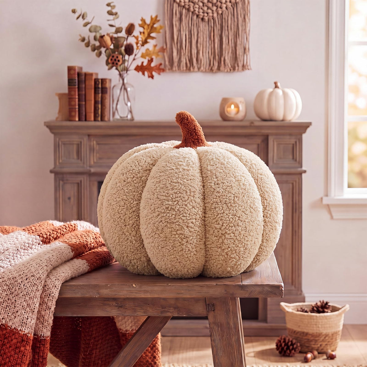 Juexica Stuffed Pumpkin Pillow Fall Halloween Decor Cushion,White,Small