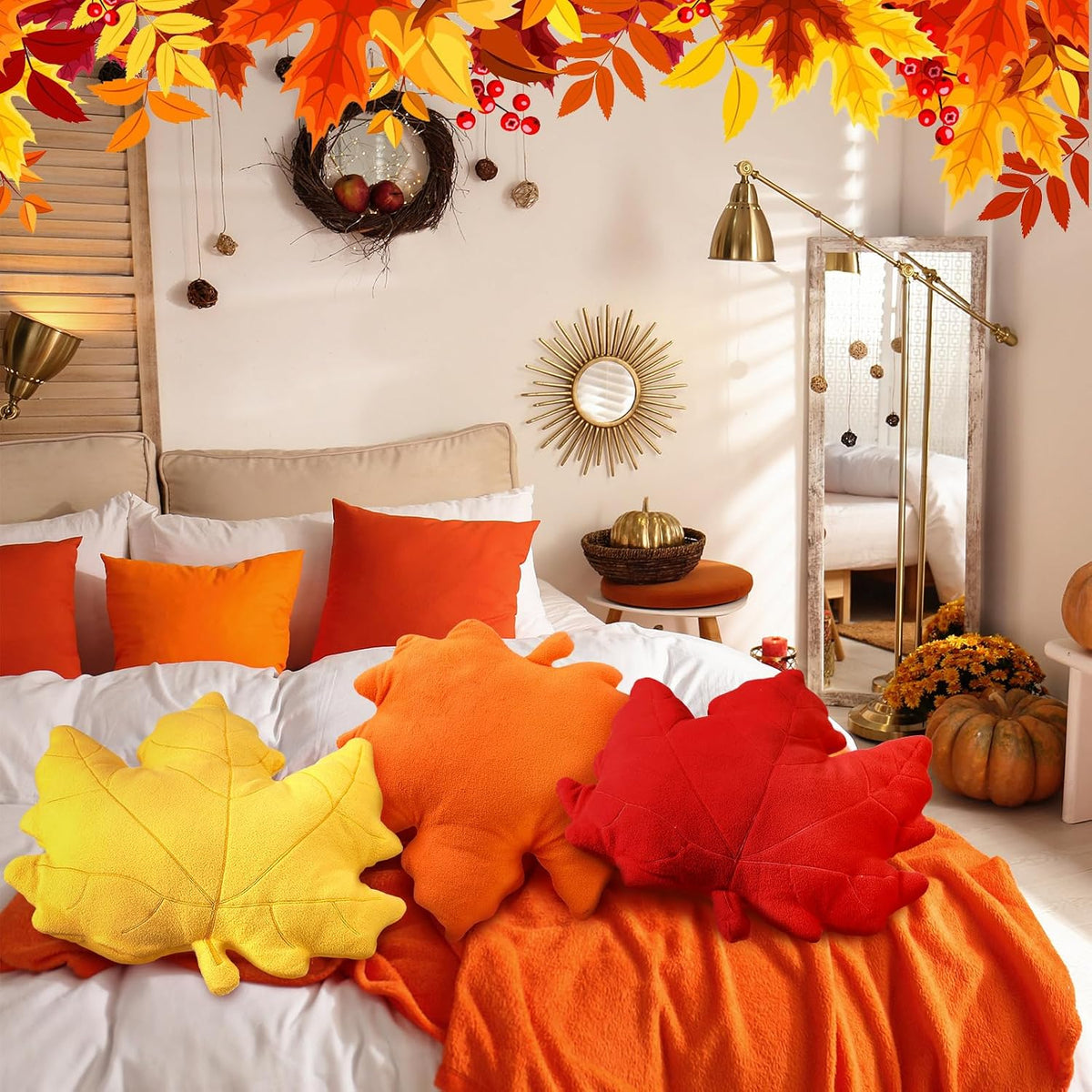 FairySandy 3 Pcs Fall Throw Pillows Maple Leaf Pillow Fall Autumn Maple Shaped Pillows 3D Leaves Decorative Soft Plush Pillow Cushion for Home Bedroom Party Living Room Couch Sofa Car