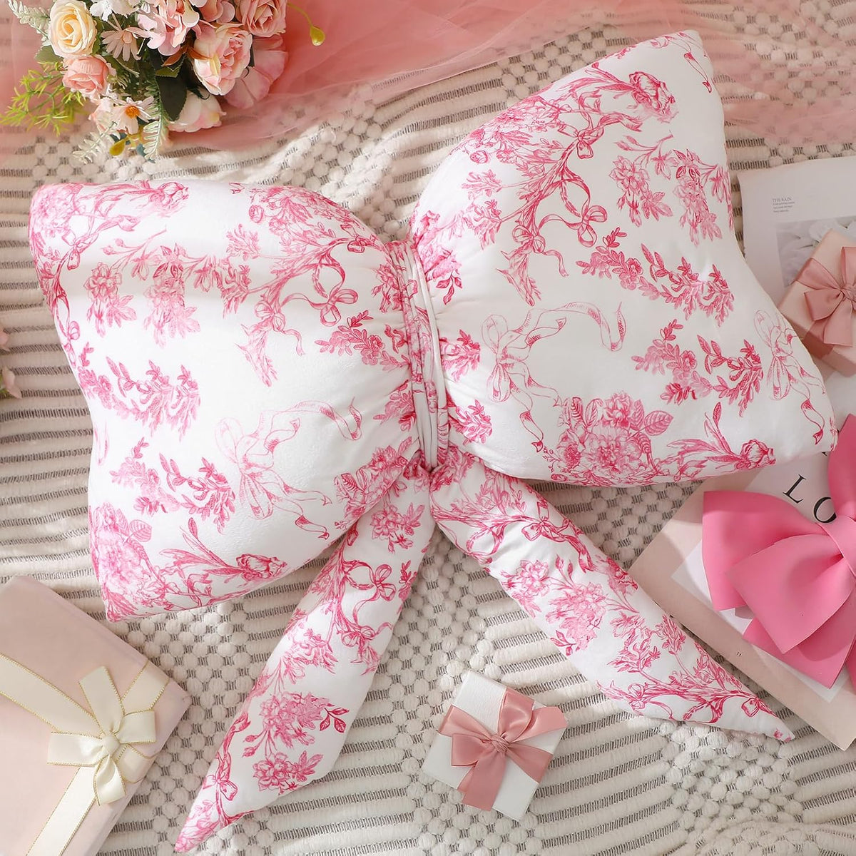 Colingmill Bow Shaped Throw Pillow 24 Inch Pink White Floral Decorative