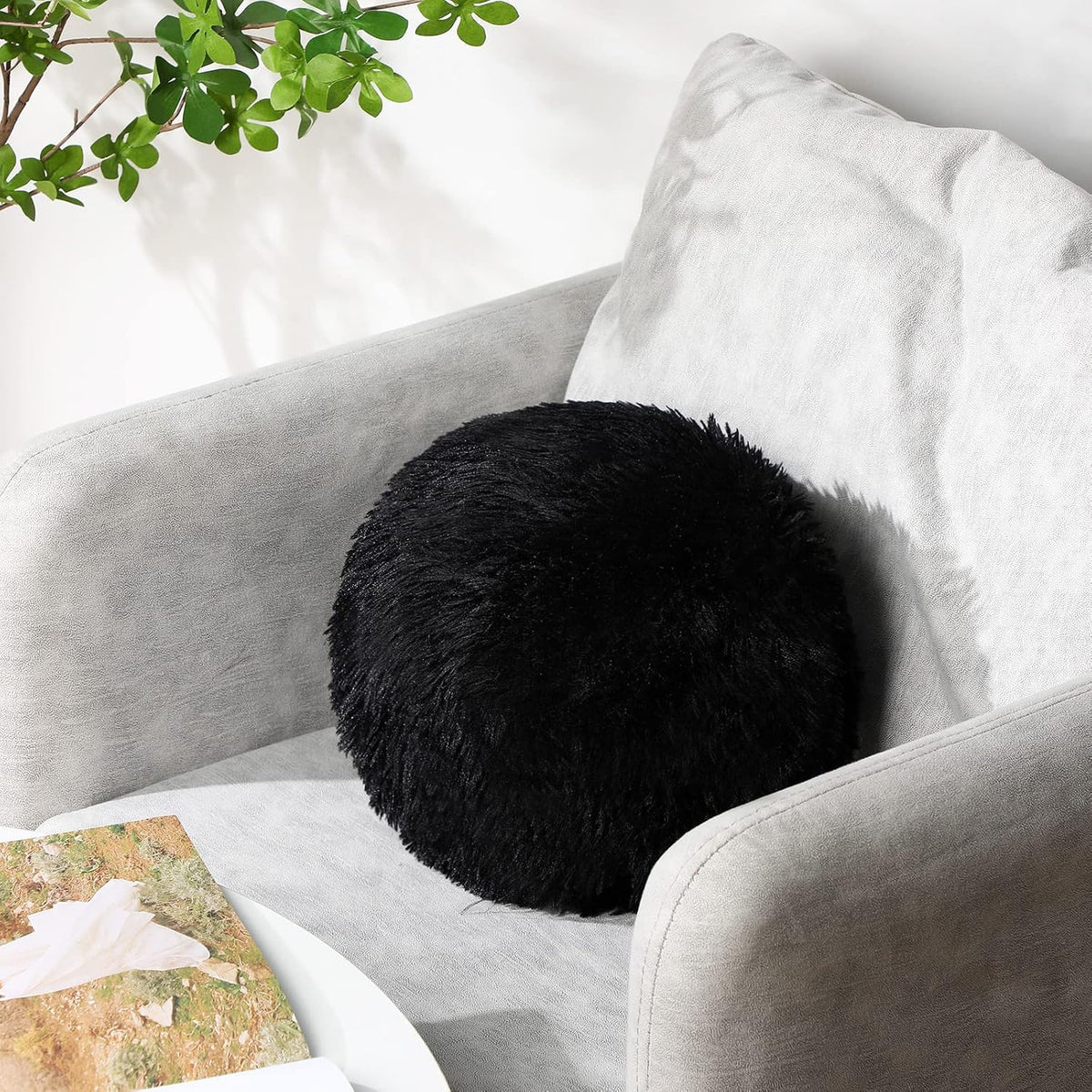 Black Round Ball Throw Pillow Plush Fluffy 10 Inch