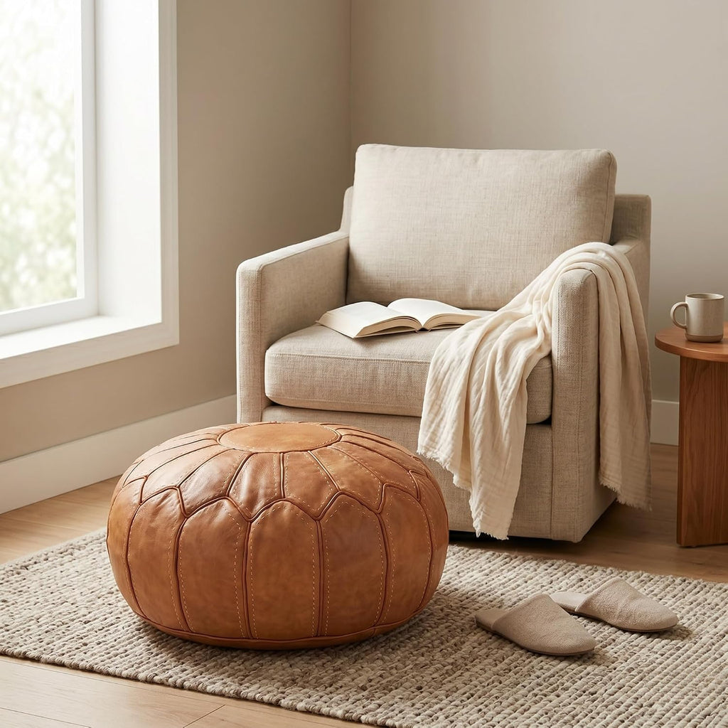 Moroccan Handmade Leather Pouf Ottoman — Round Genuine Leather Footstool, Hand-Stitched Unstuffed Pouf Cover for Living Room, Bedroom & Nursery (Cognac Brown)
