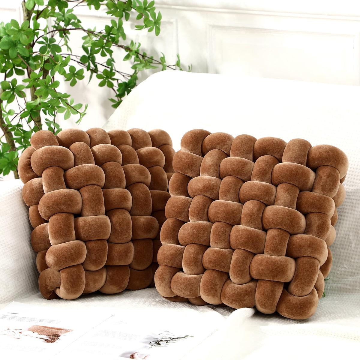 Wenqik 2 Pcs Knot Pillows Square Throw Pillow, Black, Crystal Velvet