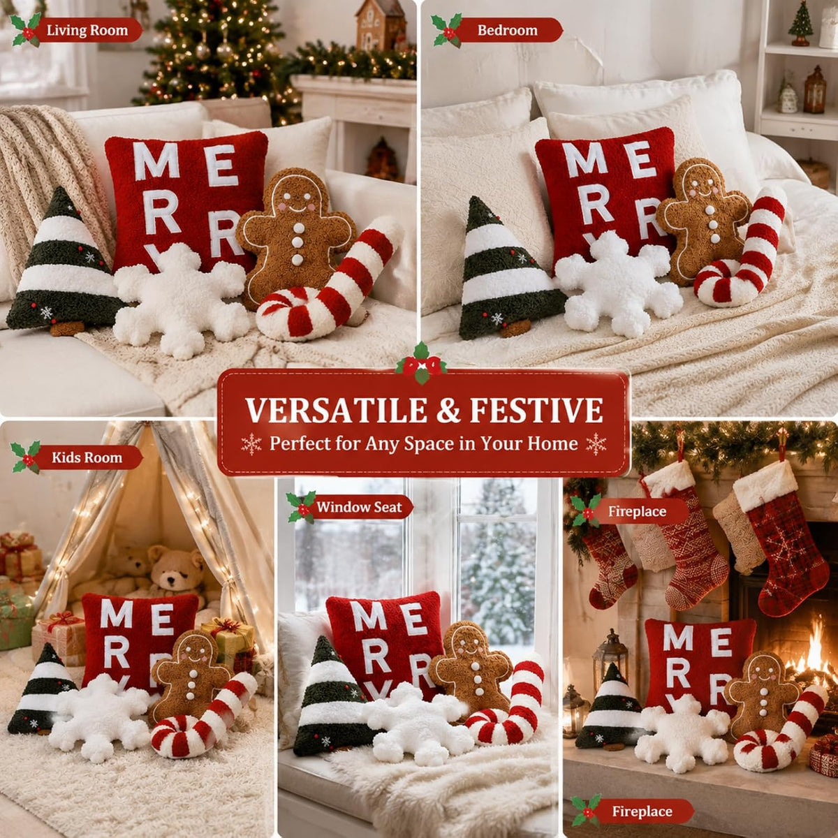 Geelin 5 Pcs Christmas Throw Pillows Gingerbread Xmas Tree Snowflake Candy