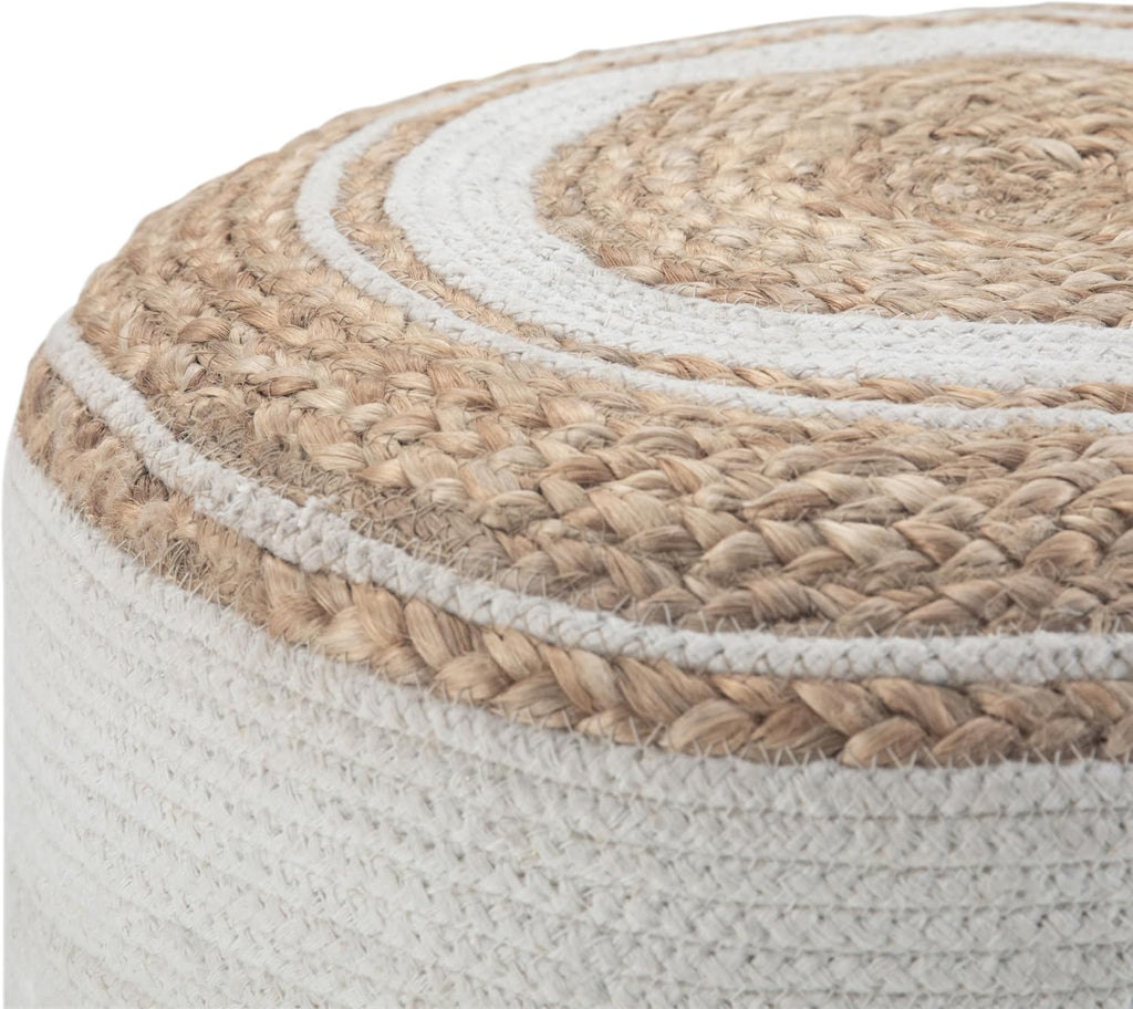 SIMPLIHOME Serena 18" Wide Round Pouf in White/Natural Jute and Cotton