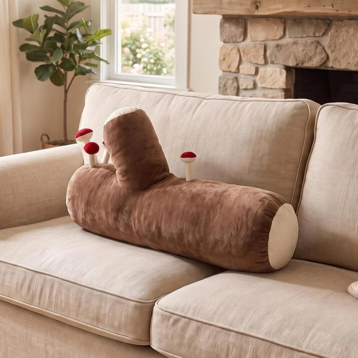 Decorative Mushroom Pillow, Long Cylinder Log Cushion, Fun Plant Pillow