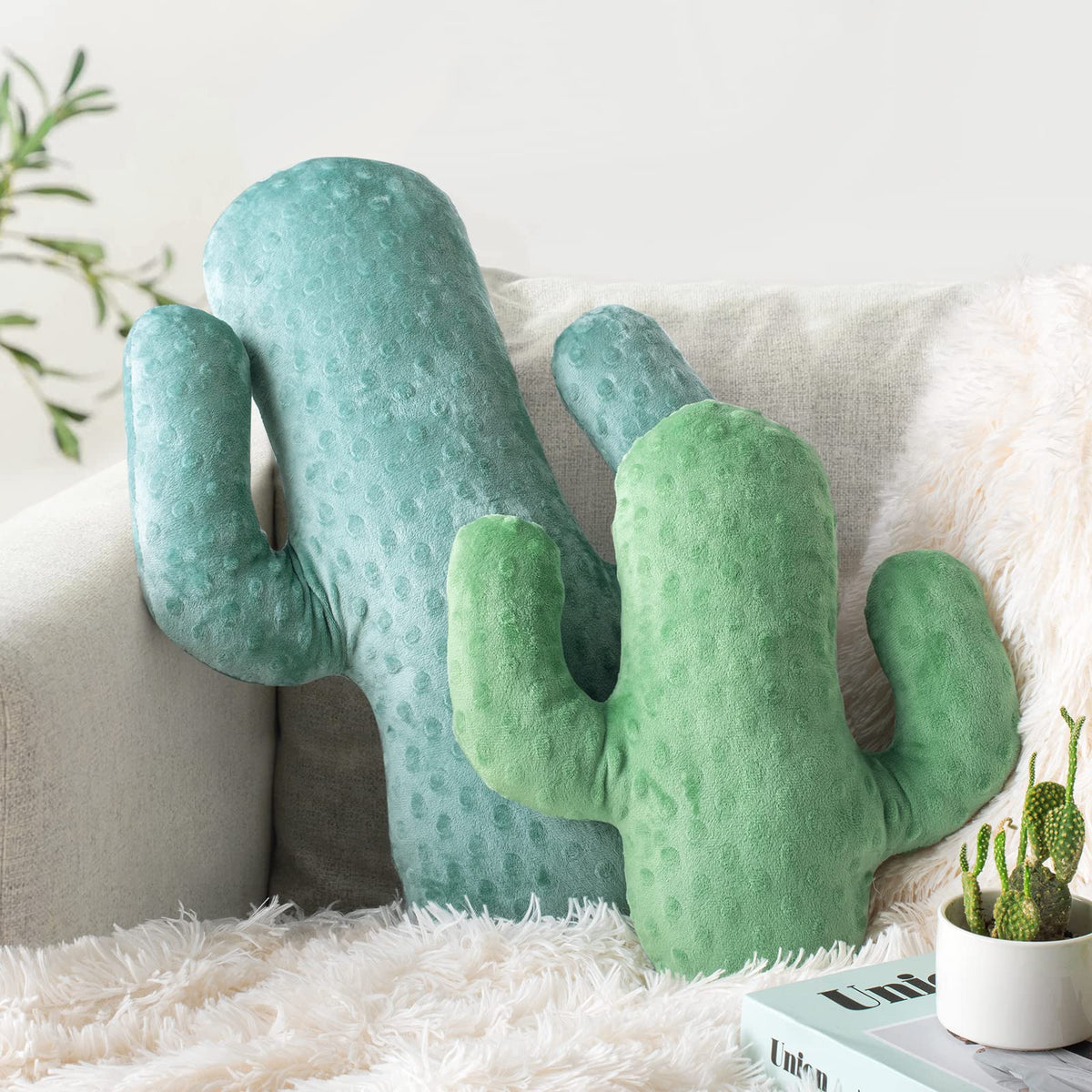 AELS Set of 2 Cactus Decorative Throw Pillows, 22"&14" Corduroy Striped Cactus Plush Pillow Set, Office Nap Pillow, Cute Succulent Throw Pillow for Nursery Bedroom Room Decor, Grass Green & Lime Green