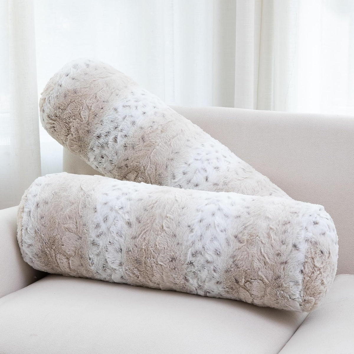 Cheer Collection Faux Fur Bolster Pillows – Soft Decorative Cylinder Pillows for Bed or Couch, Machine Washable – 8” x 24”, Set of 2, Snow Leopard