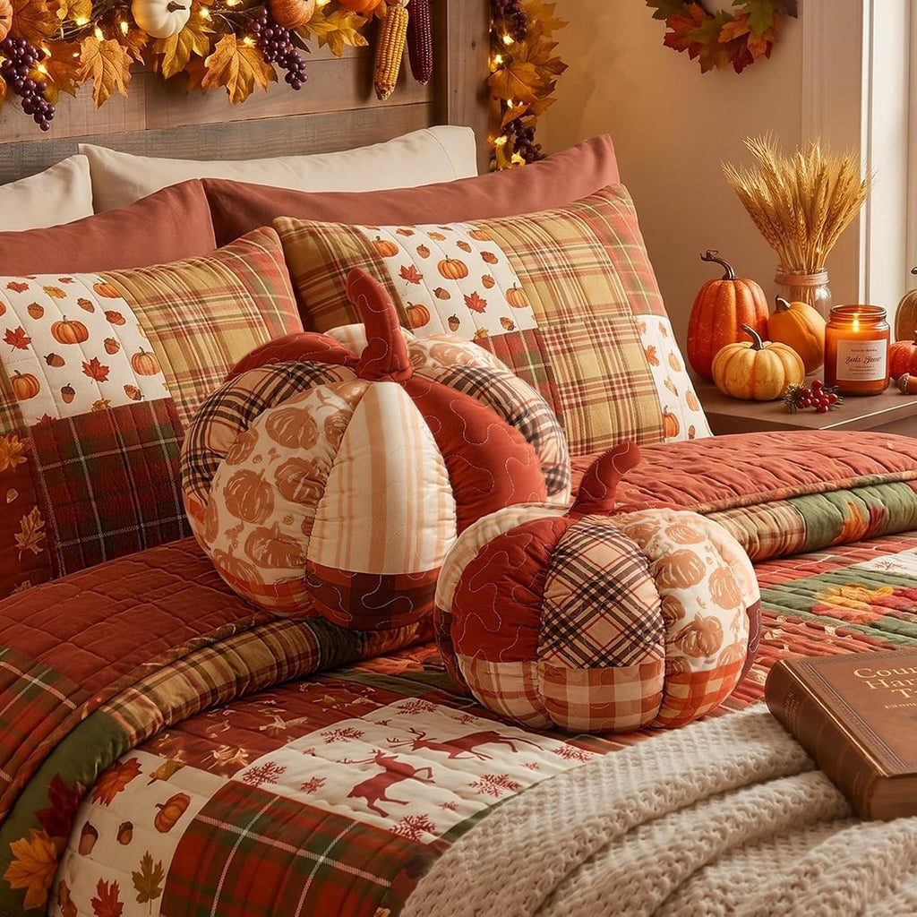 Junkin Pumpkin Pillow Set of 2 Orange Fall Patchwork Pillows
