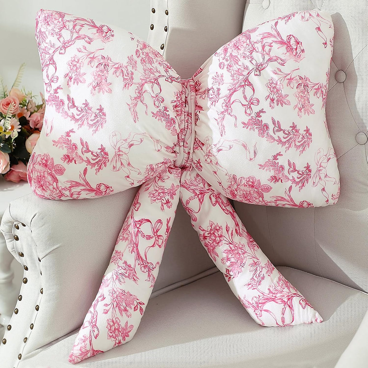 Colingmill Bow Shaped Throw Pillow 24 Inch Pink White Floral Decorative