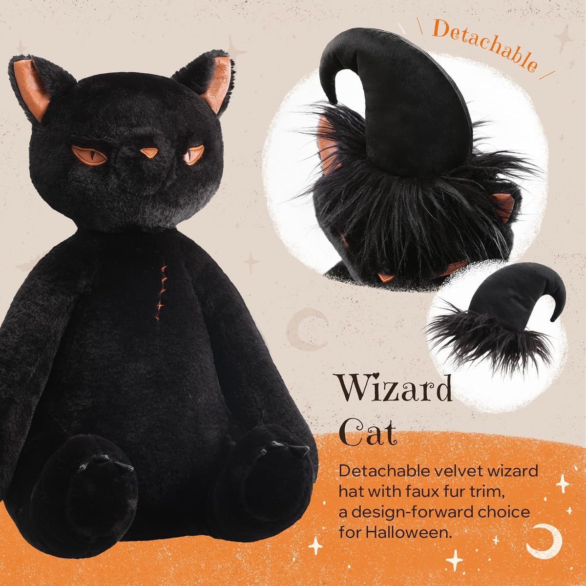 Phantoscope Happy Halloween Shaped Throw Pillow, Black Cat Shaped Pillow with Wizard Hat, Soft Faux Rabbit Fur Halloween Decorative Cushion for Couch, Black Wizard Cat 19.5 x 11 in
