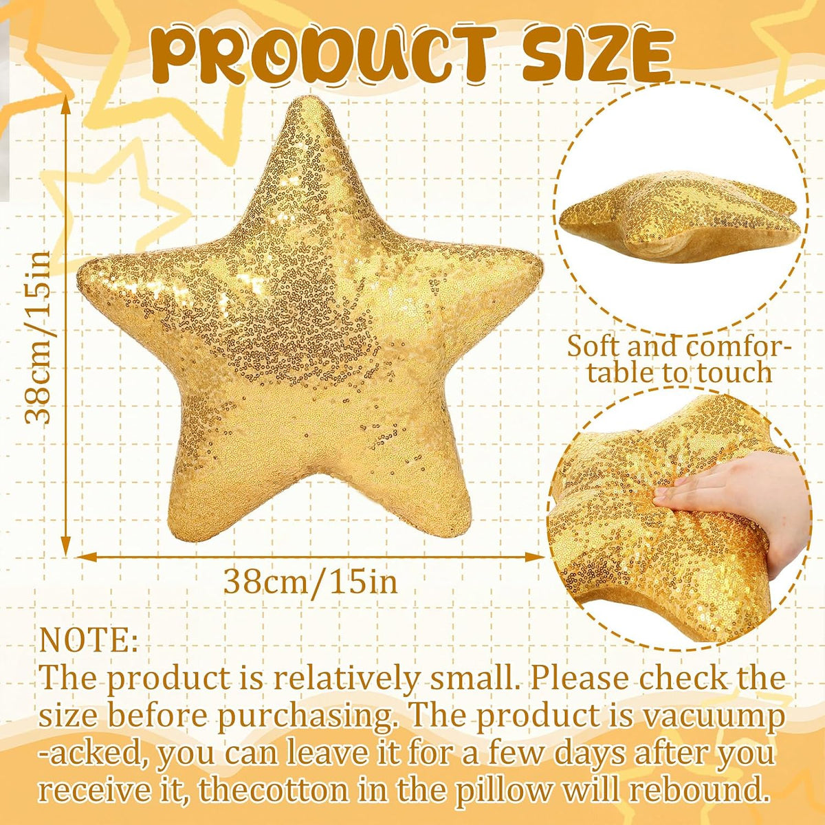 Gold Star Pillow Sequin Throw Pillows 15" Decorative Soft Fluffy