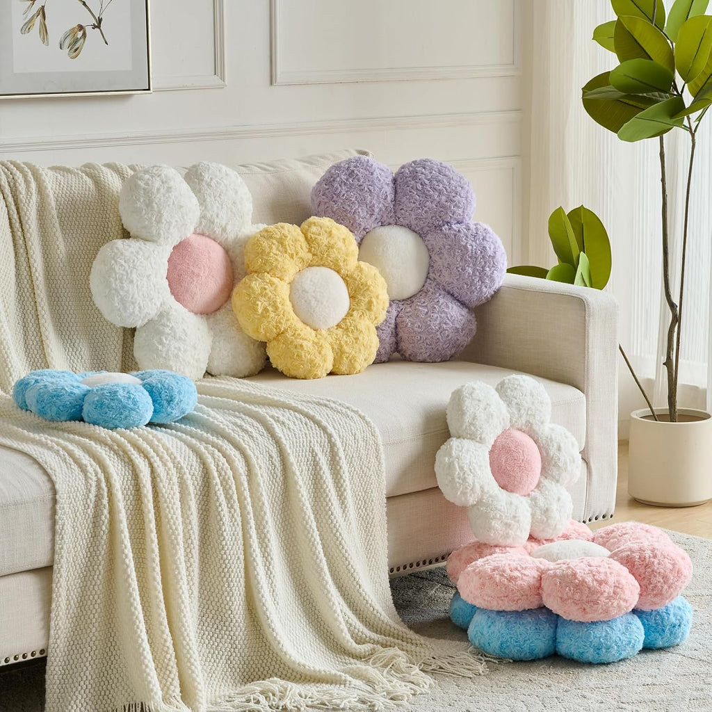 Flower Pillows, Decorative Throw Pillow with Soft Plush for Couch, Flower Shaped Pillow Home Decor Daisy Pillow for Bed (White, 14.9 Inches)