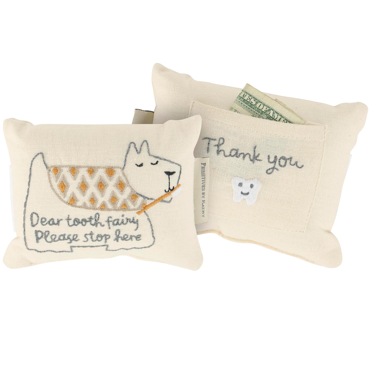 Primitives by Kathy Tooth Fairy Pillow, 5x5-inch - My BaBEE Tooth Keepsake with Storage Pocket for Rewards & Embroidered Bee Design