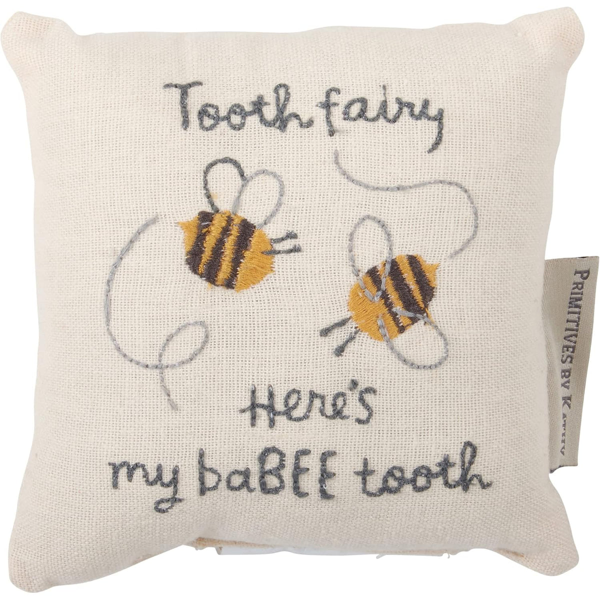 Primitives by Kathy Tooth Fairy Pillow, 5x5-inch - My BaBEE Tooth Keepsake with Storage Pocket for Rewards & Embroidered Bee Design