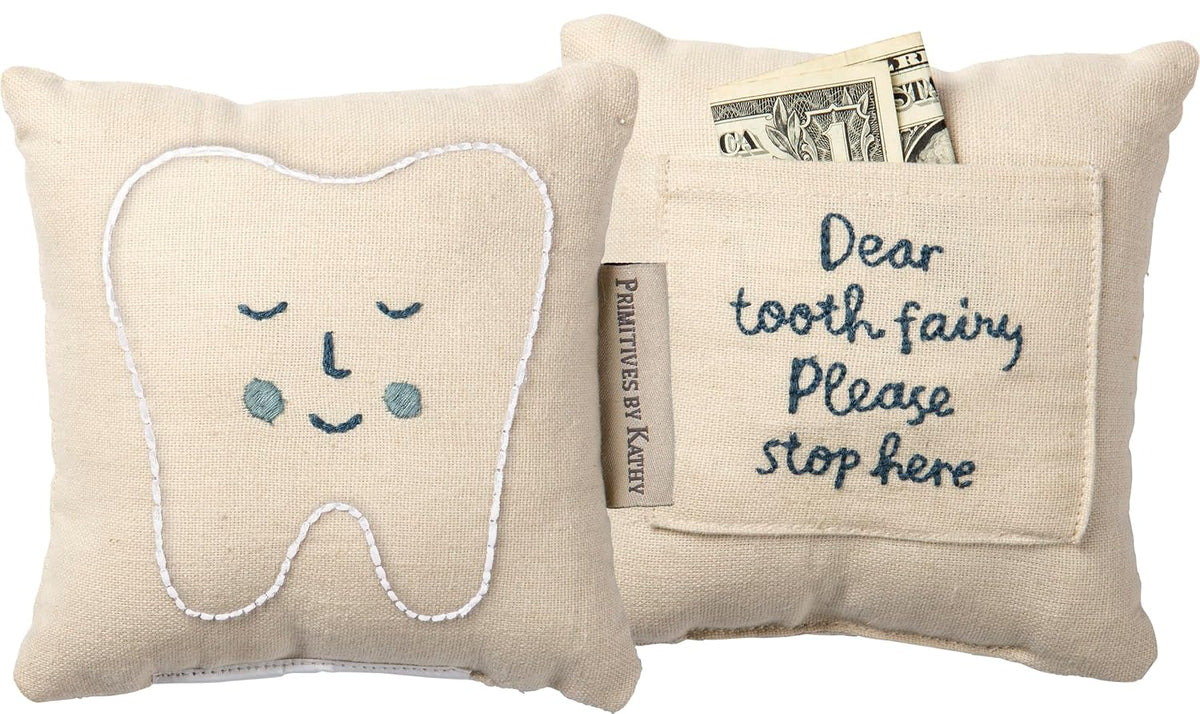 Primitives by Kathy Tooth Fairy Pillow, 5x5-inch - My BaBEE Tooth Keepsake with Storage Pocket for Rewards & Embroidered Bee Design