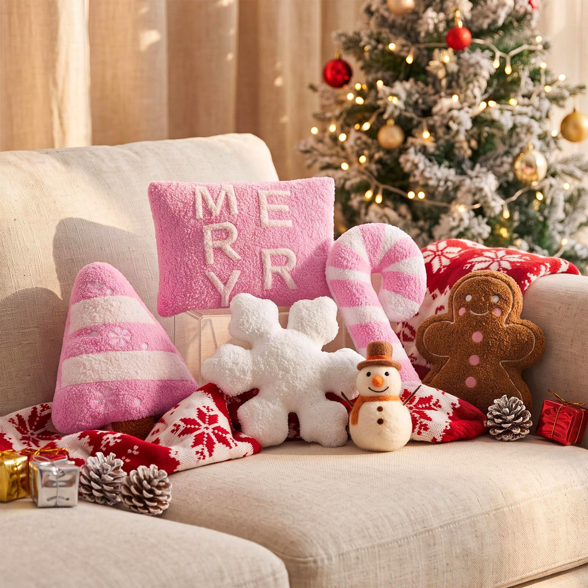 Geelin 5 Pcs Christmas Throw Pillows Gingerbread Xmas Tree Snowflake Candy