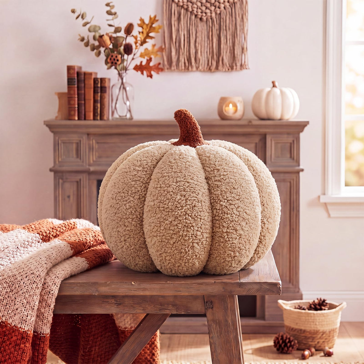 Juexica Stuffed Pumpkin Pillow Fall Halloween Decor Cushion,White,Small
