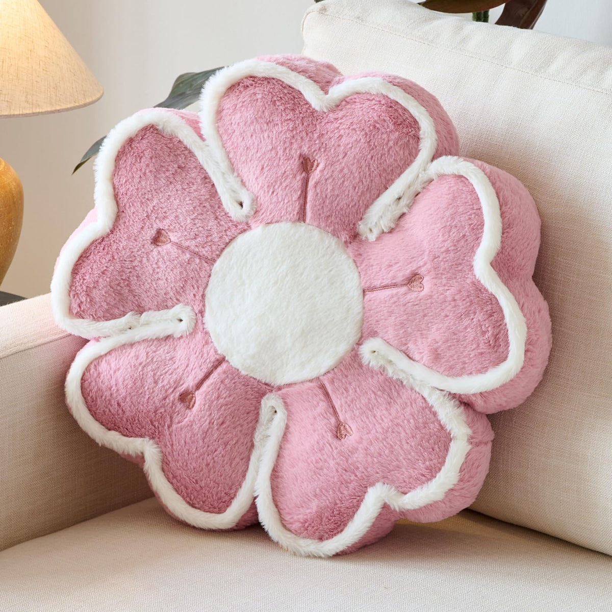 Flower Shaped Decorative Throw Pillow Cushion for Bed Couch, Cute Flower Plush Throw Pillows Home Decor Floor Pillow Seating Cushions (Beige, 13.7 Inches)