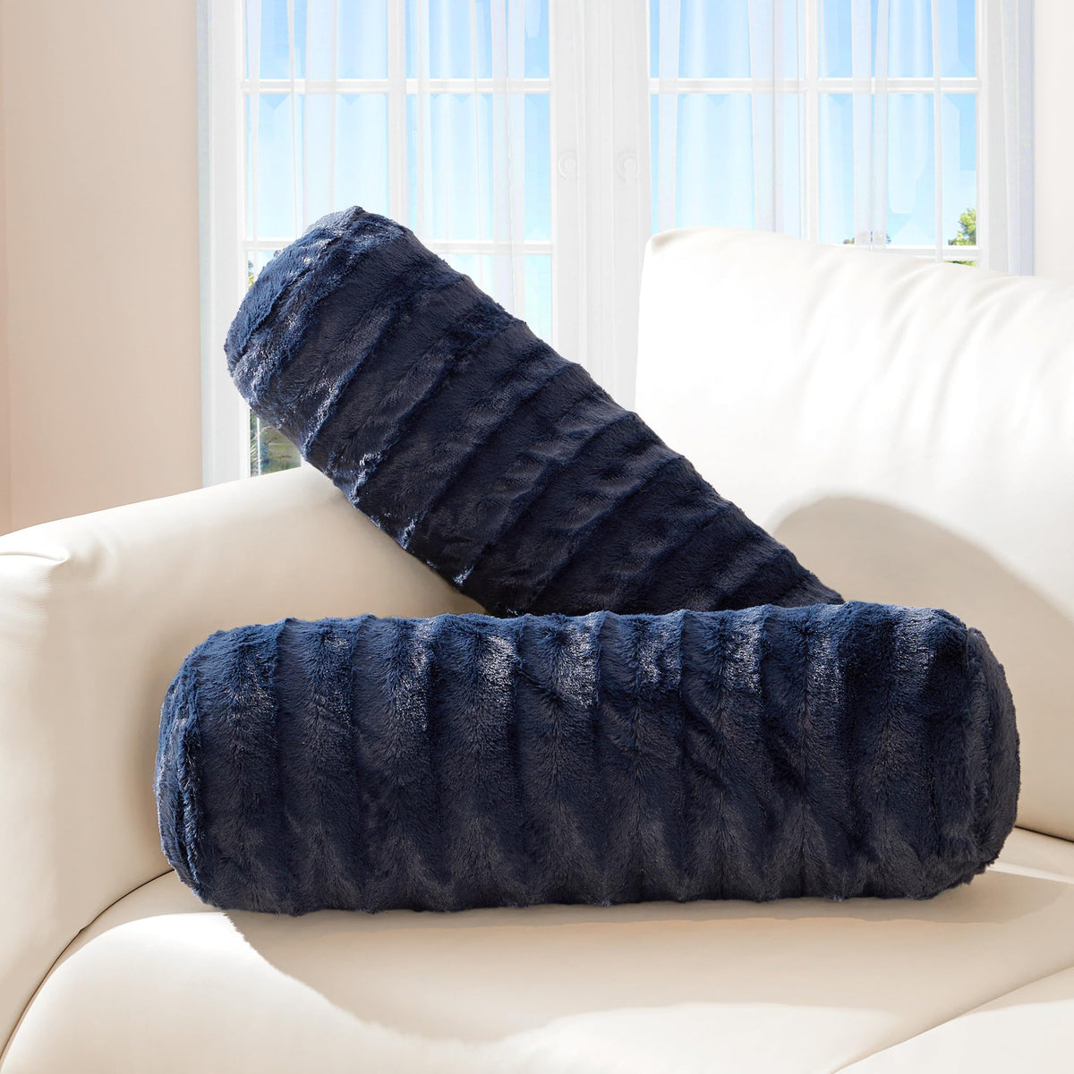 Cheer Collection Faux Fur Bolster Pillows – Soft Decorative Cylinder Pillows for Bed or Couch, Machine Washable – 8” x 24”, Set of 2, Snow Leopard