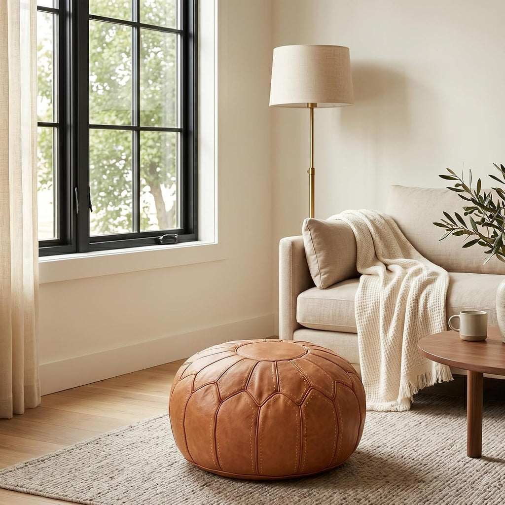 Moroccan Handmade Leather Pouf Ottoman — Round Genuine Leather Footstool, Hand-Stitched Unstuffed Pouf Cover for Living Room, Bedroom & Nursery (Cognac Brown)
