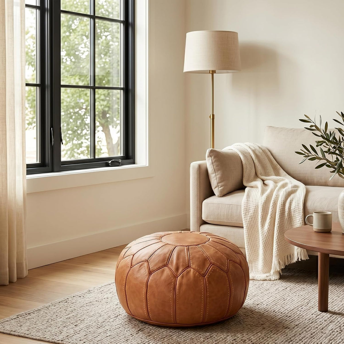 Moroccan Handmade Leather Pouf Ottoman — Round Genuine Leather Footstool, Hand-Stitched Unstuffed Pouf Cover for Living Room, Bedroom & Nursery (Cognac Brown)