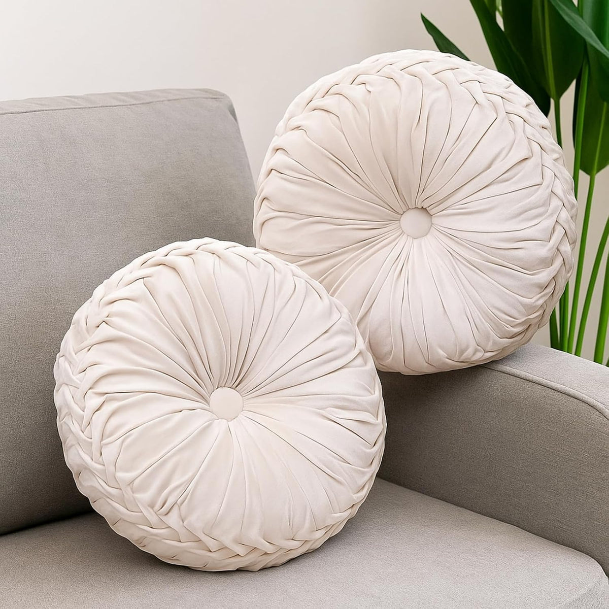 Beeveer 2 Pcs Round Throw Pillows Velvet Pleated Pillows, Ivory